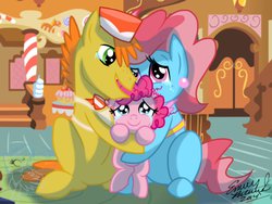 Size: 1024x768 | Tagged: safe, artist:emr0304, carrot cake, cup cake, pinkie pie, g4, crying, cute, diapinkes, fanfic art, filly, filly pinkie pie, how a pie became a cake, hug, open mouth, sitting, smiling, tears of joy, younger