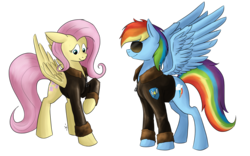 Size: 1280x797 | Tagged: safe, artist:thekuto, fluttershy, rainbow dash, pegasus, pony, g4, bomber jacket, duo, simple background, sunglasses, transparent background