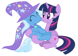 Size: 8388x6000 | Tagged: safe, artist:masem, trixie, twilight sparkle, alicorn, pony, g4, .svg available, absurd resolution, blushing, carrying, duo, eyes closed, female, frown, holding, kissing, lesbian, mare, ship:twixie, shipping, simple background, sitting, surprise kiss, surprised, transparent background, twilight sparkle (alicorn), vector