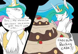 Size: 1280x896 | Tagged: safe, artist:backlash91, princess celestia, g4, cake, cakelestia, female, solo, strawberry, unshorn fetlocks