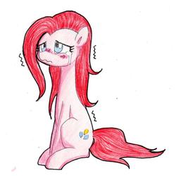 Size: 900x900 | Tagged: dead source, safe, artist:unousaya, pinkie pie, g4, blushing, crying, female, pinkamena diane pie, shivering, simple background, solo, traditional art