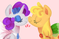 Size: 1280x836 | Tagged: safe, artist:paintrolleire, applejack, rarity, g4, boop, clothes, dress, eyes closed, eyeshadow, female, flower, flower in hair, heart, lesbian, noseboop, nuzzling, ship:rarijack, shipping, simple background, smiling, white background