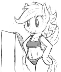 Size: 428x502 | Tagged: safe, artist:tg-0, scootaloo, anthro, semi-anthro, g4, animated, arm hooves, belly button, blinking, bra, bra on pony, cleavage, clothes, female, monochrome, panties, solo, sports bra, underwear