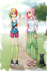 Size: 661x1000 | Tagged: safe, artist:ange4l, fluttershy, rainbow dash, bird, cat, human, g4, clothes, converse, duo, duo female, female, humanized, long skirt, sandals, shoes, shorts, skinny, skirt, tank top, thin