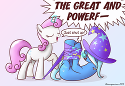 Size: 1579x1084 | Tagged: safe, artist:bluemeganium, trixie, twinkleshine, pony, unicorn, g4, background pony, bondage, dialogue, duo, ear fluff, eyes closed, fluffy, gag, gem, hogtied, magic, on back, open mouth, raised hoof, simple background, smiling, telekinesis, tied up