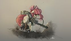 Size: 2500x1443 | Tagged: safe, artist:ncmares, apple bloom, cyborg, earth pony, pony, fanfic:night mares, g4, augmented, bandage, clothes, fanfic, fanfic art, female, filly, floppy ears, gun, hooves, one eye closed, open mouth, optical sight, rifle, sniper rifle, solo, teeth, weapon