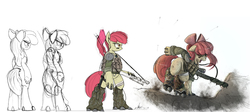 Size: 2500x1115 | Tagged: safe, artist:ncmares, apple bloom, cyborg, earth pony, pony, fanfic:night mares, g4, augmented, bandage, bipedal, clothes, female, filly, floppy ears, gun, hooves, open mouth, optical sight, rifle, scope, simple background, sniper rifle, solo, weapon, white background