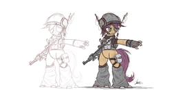 Size: 2500x1310 | Tagged: safe, artist:ncmares, scootaloo, cyborg, pegasus, pony, fanfic:night mares, g4, assault rifle, augmented, bipedal, clothes, female, filly, gun, helmet, hooves, m4, rifle, simple background, solo, teeth, weapon, white background