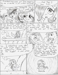 Size: 961x1251 | Tagged: safe, artist:joelashimself, fluttershy, gilda, rainbow dash, oc, oc:high commander sunstripe, griffon, g4, comic, flashback, monochrome, the forgotten element, younger