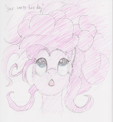 Size: 1000x1086 | Tagged: safe, artist:erhannis, pinkie pie, g4, :o, female, sketch, solo, traditional art