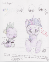 Size: 1000x1267 | Tagged: safe, artist:erhannis, spike, twilight sparkle, pony, g4, annoyed, origami, traditional art