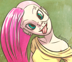 Size: 772x669 | Tagged: safe, artist:draneas, fluttershy, human, g4, alternate hairstyle, bifurcated tongue, clothes, ear piercing, eyebrow piercing, humanized, looking at you, nose piercing, off shoulder, open mouth, piercing, smiling, snake bites, tongue out