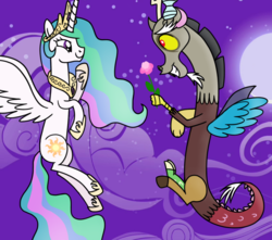 Size: 1280x1129 | Tagged: dead source, safe, artist:jollyjoltik, discord, princess celestia, g4, cute, discute, eye contact, female, flower, flying, grin, male, night, ship:dislestia, shipping, sky, smiling, spread wings, straight