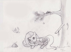 Size: 1406x1024 | Tagged: safe, artist:saboro44, angel bunny, fluttershy, g4, grayscale, monochrome, sketch, traditional art