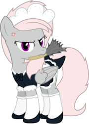 Size: 4870x6760 | Tagged: safe, artist:stillfire, oc, oc only, oc:violet, pegasus, pony, absurd resolution, angry, clothes, cross-popping veins, duster, maid, mouth hold, shoes, simple background, solo, stockings, tail bow, transparent background