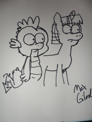 Size: 3240x4320 | Tagged: safe, artist:hotdiggedydemon, spike, twilight sparkle, g4, monochrome, traditional art