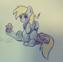 Size: 960x958 | Tagged: safe, artist:kh, derpy hooves, pegasus, pony, g4, female, heart, mailbag, mare, muffin, traditional art