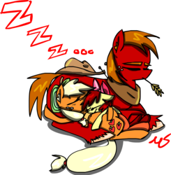 Size: 1320x1348 | Tagged: safe, artist:mushroomcookiebear, apple bloom, applejack, big macintosh, earth pony, pony, g4, adorabloom, apple siblings, apple sisters, applebetes, brother and sister, cuddling, cute, eyes closed, floppy ears, jackabetes, macabetes, male, on back, pony pile, prone, siblings, sisters, sleeping, smiling, snuggling, stallion, zzz