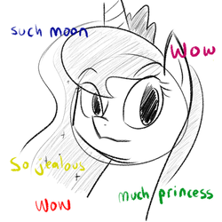 Size: 600x600 | Tagged: safe, artist:grilledcat, princess luna, g4, doge, female, meme, monochrome, solo