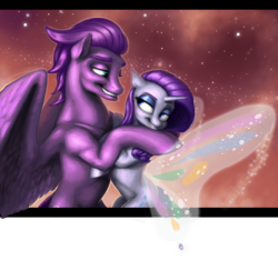 Size: 2389x2233 | Tagged: safe, artist:erudier, rarity, oc, oc:kydose, pegasus, pony, unicorn, g4, canon x oc, high res, love, raridose, shipping