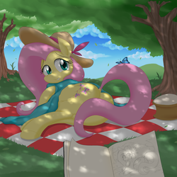 Size: 1700x1700 | Tagged: safe, artist:janji009, fluttershy, butterfly, g4, blanket, blue eyes, book, butt, clothes, covering, dock, eyelashes, female, grass, hat, looking at you, picnic, picnic blanket, pink mane, plot, scarf, sketchbook, sky, solo, tail covering, tree