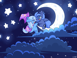 Size: 2048x1536 | Tagged: safe, alternate version, artist:dsp2003, princess luna, trixie, g4, blushing, chibi, cloud, cloudy, crescent moon, crying, cute, diabetes, diatrixes, eyes closed, filly, happy, hat, lunabetes, moon, night, night sky, open mouth, s1 luna, smiling, spread wings, stars, style emulation, tangible heavenly object, transparent moon, trixie's cape, trixie's hat, wallpaper, woona