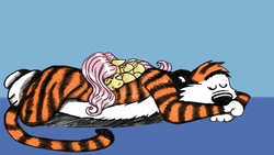 Size: 800x450 | Tagged: safe, artist:gaztasterofpork, fluttershy, g4, calvin and hobbes, crossover, hobbes, sleeping