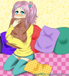 Size: 530x580 | Tagged: safe, artist:kyonpandachan, fluttershy, human, g4, blushing, female, humanized, pillow, solo