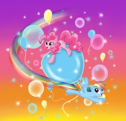 Size: 2062x1987 | Tagged: safe, artist:fujikoeurekachamploo, pinkie pie, rainbow dash, g4, balloon, floating, pixiv, riding, straddling, that pony sure does love balloons, then watch her balloons lift her up to the sky