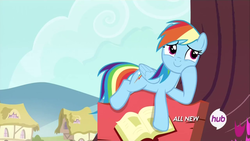 Size: 1280x720 | Tagged: safe, screencap, rainbow dash, pegasus, pony, g4, testing testing 1-2-3, all new, cute, dashabetes, female, hub logo, mare, raised hoof, smiling, solo