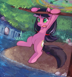 Size: 951x1022 | Tagged: safe, artist:mandycabral, oc, oc only, oc:macdolia, earth pony, pony, failure, hang in there, pigtails, river, solo, time travel, tree