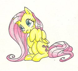 Size: 600x548 | Tagged: safe, artist:kittykawaiix3, fluttershy, g4, covering, female, sitting, solo, traditional art