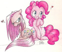 Size: 900x750 | Tagged: dead source, safe, artist:kittykawaiix3, pinkie pie, g4, deviantart watermark, duality, female, obtrusive watermark, pinkamena diane pie, self ponidox, sitting, solo, traditional art, watermark