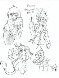 Size: 1280x1680 | Tagged: safe, artist:nayaasebeleguii, applejack, discord, fluttershy, princess cadance, rainbow dash, human, g4, black canary, clothes, costume, fishnet clothing, fishnet stockings, humanized, monochrome, skullgirls, stockings, thigh highs, valentine (skullgirls)