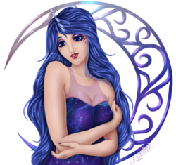 Size: 900x846 | Tagged: dead source, safe, artist:leelah-sama, princess luna, human, g4, cleavage, female, horn, horned humanization, humanized, nail polish, solo