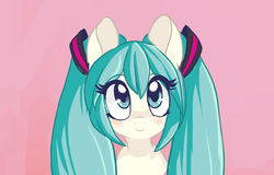 Size: 1280x817 | Tagged: safe, artist:indiefoxtail, pony, cute, female, hatsune miku, looking up, mare, ponified, simple background, smiling, solo, vocaloid, vocapones