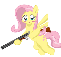 Size: 1760x1654 | Tagged: safe, artist:timorikawa, fluttershy, g4, female, gun, pixiv, shotgun, solo