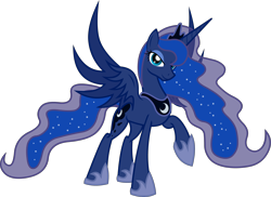 Size: 3910x2843 | Tagged: safe, artist:nemesis360, princess luna, alicorn, pony, g4, colored wings, crown, ethereal mane, ethereal tail, female, high res, hoof shoes, horn, jewelry, long horn, long mane, long tail, looking at you, mare, peytral, princess shoes, raised hoof, regalia, simple background, solo, starry mane, starry tail, tail, transparent background, two toned wings, wings
