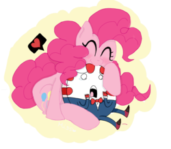 Size: 1500x1300 | Tagged: safe, artist:misspolycysticovary, pinkie pie, earth pony, pony, g4, :t, ^^, adventure time, biting, blushing, candy, crossover, crying, cute, duo, eyes closed, female, happy, heart, male, mare, peppermint butler, scared