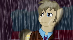 Size: 1024x560 | Tagged: safe, artist:biosonic100, doctor whooves, time turner, g4, clothes, doctor who, male, pouting, rain, shirt, solo, suit, tenth doctor, trenchcoat