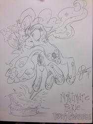 Size: 852x1136 | Tagged: safe, artist:andy price, pinkie pie, g4, angry, balloon, balloon popping, biting, cake, female, floppy ears, glare, gritted teeth, nightmare, nightmare pinkie, nightmarified, pronking, sketch, solo, traditional art
