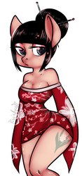Size: 478x1024 | Tagged: safe, artist:yukomaussi, oc, oc only, anthro, anthro oc, chopsticks in hair, clothes, dress, panties, panty shot, solo, underwear, wide hips