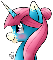 Size: 1024x1171 | Tagged: safe, artist:starshinefox, oc, oc only, oc:strawberry snowflake, pony, unicorn, blushing, contest prize, portrait, solo