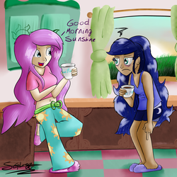 Size: 1920x1920 | Tagged: safe, artist:schizophrenicghost, princess celestia, princess luna, human, g4, belly button, clothes, coffee, humanized, middle finger, midriff, morning, morning ponies, pajamas, slippers, tank top