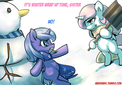 Size: 700x494 | Tagged: safe, artist:bakki, princess celestia, princess luna, pony, g4, 30 minute art challenge, bipedal, cewestia, clothes, crying, cute, filly, goofy time, hoof hold, open mouth, scarf, shovel, smiling, smirk, snow shovel, snowman, this will end in tears, woona