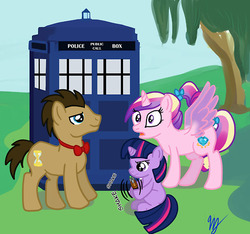 Size: 500x467 | Tagged: safe, artist:kuromi, doctor whooves, princess cadance, time turner, twilight sparkle, g4, bowtie, doctor who, filly, sonic screwdriver, tardis, teen princess cadance, younger