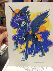 Size: 768x1024 | Tagged: safe, artist:thom zahler, princess luna, alicorn, pony, g4, 2014, dragon con 2014, female, hoof shoes, horn, jewelry, princess shoes, raised hoof, signature, smiling, solo, spread wings, tail, tiara, traditional art, wings