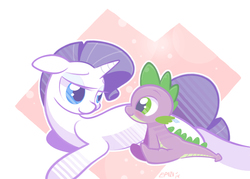 Size: 1941x1387 | Tagged: safe, artist:b-epon, rarity, spike, dragon, pony, unicorn, g4, bedroom eyes, blushing, cuddling, cute, eye contact, female, looking at each other, male, mare, prone, ship:sparity, shipping, sitting, smiling, snuggling, straight