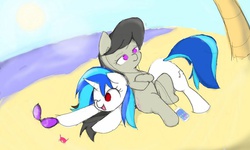 Size: 1024x614 | Tagged: safe, artist:skippy_the_moon, dj pon-3, octavia melody, vinyl scratch, crab, g4, beach, female, lesbian, mp3 player, pixiv, ship:scratchtavia, shipping