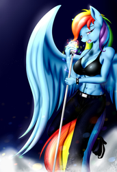 Size: 2500x3648 | Tagged: safe, artist:bludraconoid, rainbow dash, anthro, unguligrade anthro, g4, abs, belly button, breasts, busty rainbow dash, cleavage, clothes, female, high res, microphone, solo